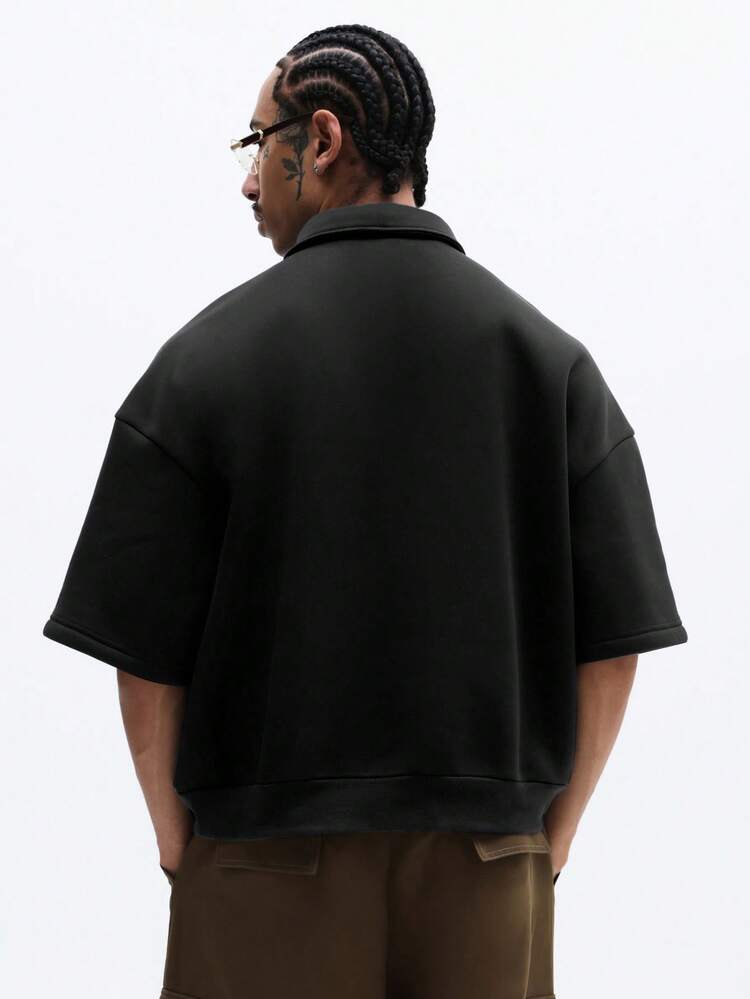 Half Zip Polo Shirt With Script Embroidery Short Sleeve Collared Top Oversized Casual Drop Shoulder Relaxed Fit