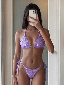 Costavie SHEIN Swim MOD 两件式花卉亮片纹理挂脖比基尼套装，蓝色，适合春夏海滩度假 - 紫色 - 查看 8