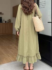 Solavon Women's Solid Color Pleated Casual Party Long Dress - Green - View 4