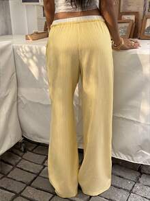 Sunnyshic SZ260501 条纹双腰带系带口袋女裤 - Butter Yellow - 查看 2