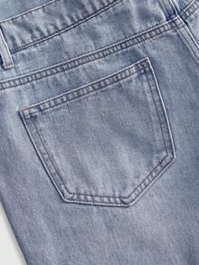ROMWE MEN Men's Double Waistband Embroidered Pattern Loose Fit Denim Shorts - Light Wash - View 5