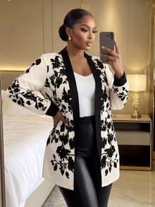 SHEIN Lady CURVE Abrigo delgado de color albaricoque con estampado negro posicionado, de corte holgado y casual, adecuado para el uso diario, otoño, invierno 2025 nuevo, otoño, talla grande - Albaricoque - Ver 3