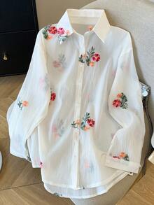 Resyla Conjunto de camisa de manga larga de hombros caídos y pantalones cortos de gasa holgada y regular - Blanco - Ver 4