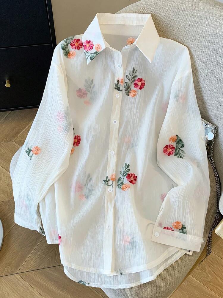 Resyla Conjunto de camisa de manga larga de hombros caídos y pantalones cortos de gasa holgada y regular - Blanco - Añade 4