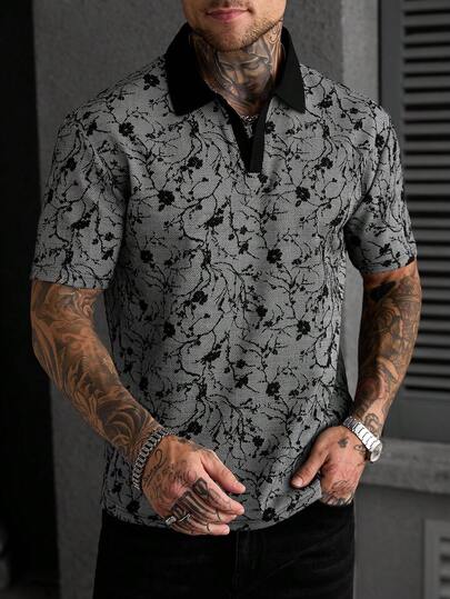 SLATEMANN Men's Casual Floral Pattern Polo Shirt With Turndown Collar, Summer