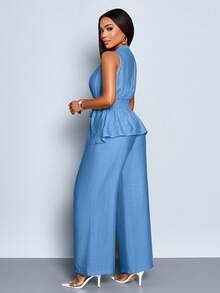 SOLERSUN Women's 2pcs/Set Solid Color Linen-Like Belted V-Neck Sleeveless Blouse And Wide Leg Pants Set - Dusty Blue - View 2