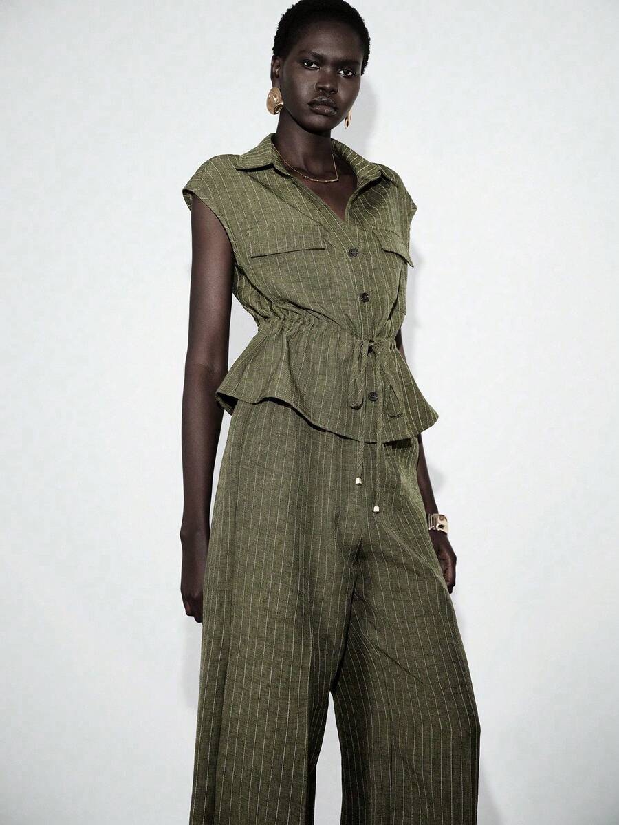Lumivelle Women's Shirt Collar Faux Pocket Cinched Waist Top + Elastic Waist Wide Leg Pants 2 Pieces Set - Army Green - View 1