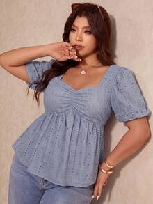 Elaquor Kaos Wanita Ukuran Besar Model Plus, Fashion, Kerah Persegi, Tali Depan, Lengan Pendek, Bordir Jala - Biru - View 3