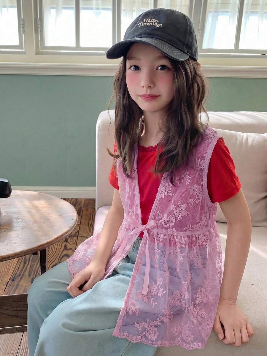 Dazy Kids Tween Girls' Summer Beach Vacation Embroidered Mesh Sheer Sleeveless Babydoll Top - Pink - View 1