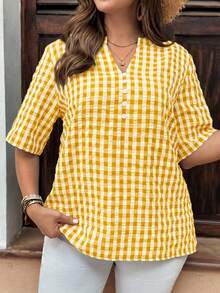 EMERY ROSE Plus Size V-Neck Raglan Sleeve Black & White Plaid Shirt, Flattering - Yellow - View 1