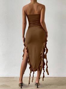 Allurite Women Backless Ruched Slit Dress,All Shades Of Brown,Summer,70s,Night Out,Party,Prom,Rave Outfits,Streetwear,Concert,Club,Date,Wedding,New Year - Brown - View 6