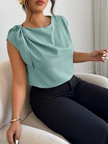 Elenzga 米色亚麻棉混纺无袖衬衫，肩部系带：休闲度假、时尚街头风、办公皆宜 - 春夏大码衬衫 - 薄荷綠 - 查看 3
