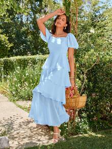 KARISMINA Solid Color Woven Square Neck Short Sleeve Layered Ruffle Hem Dress For Women, Spring/Summer Vacation Light Blue Ellegant - Baby Blue - View 5