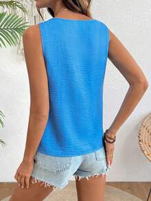 Balvessa Women's Elegant Casual Linen-Like Blue Round Neck Button Detail Vest, Spring/Summer - Blue - View 2