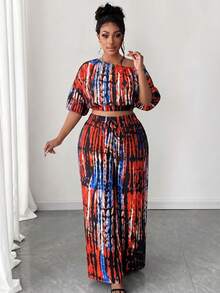 Maweii Setelan 2 Potong Lengan Pendek Kerah Asimetris Motif Fashion Ukuran Plus - MultiWarna - View 4