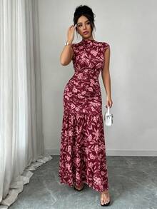 Elenzga Yellow Printed Ruched Waist Ruched Slit Elegant Dress For Women - Burgundy - View 5