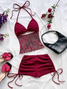 Soleia Bộ đồ nữ cổ điển kiểu nghỉ dưỡng gồm áo cổ chữ V, dây buộc sau lưng, ôm sát, phối màu tương phản và quần short cạp thấp xếp ly có dây rút, thích hợp cho tiệc tùng, Giáng sinh, hẹn hò, hộp đêm, bãi biển, du thuyền, trà chiều, phong cách Bohemian, Boho, kỳ nghỉ, mùa thu. - Màu Đỏ Sâu - Xem 6