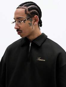 SUMWON Half Zip Polo Shirt With Script Embroidery Short Sleeve Collared Top Oversized Casual Drop Shoulder Relaxed Fit - Black - View 3