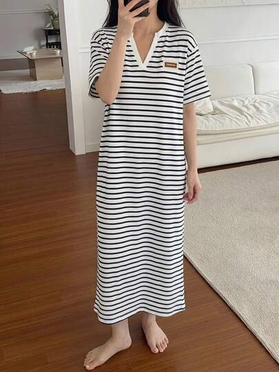 DAZY Women's Casual Striped Graphic Loose T-Shirt Dress, Comfortable Home Wear For Summer