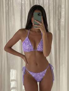 Costavie SHEIN Swim MOD 两件式花卉亮片纹理挂脖比基尼套装，蓝色，适合春夏海滩度假 - 紫色 - 查看 7