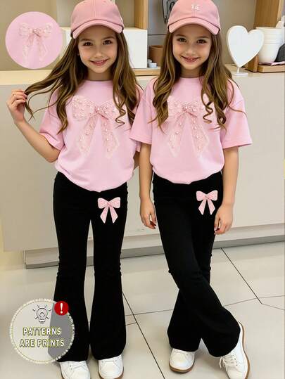 Conjunto de 2 piezas para adolescentes de primavera y verano, moda casual de personalidad creativa, estampado de lazo minimalista y refrescante con textura de perlas falsas, camiseta corta y pantalones acampanados, uso diario cómodo
