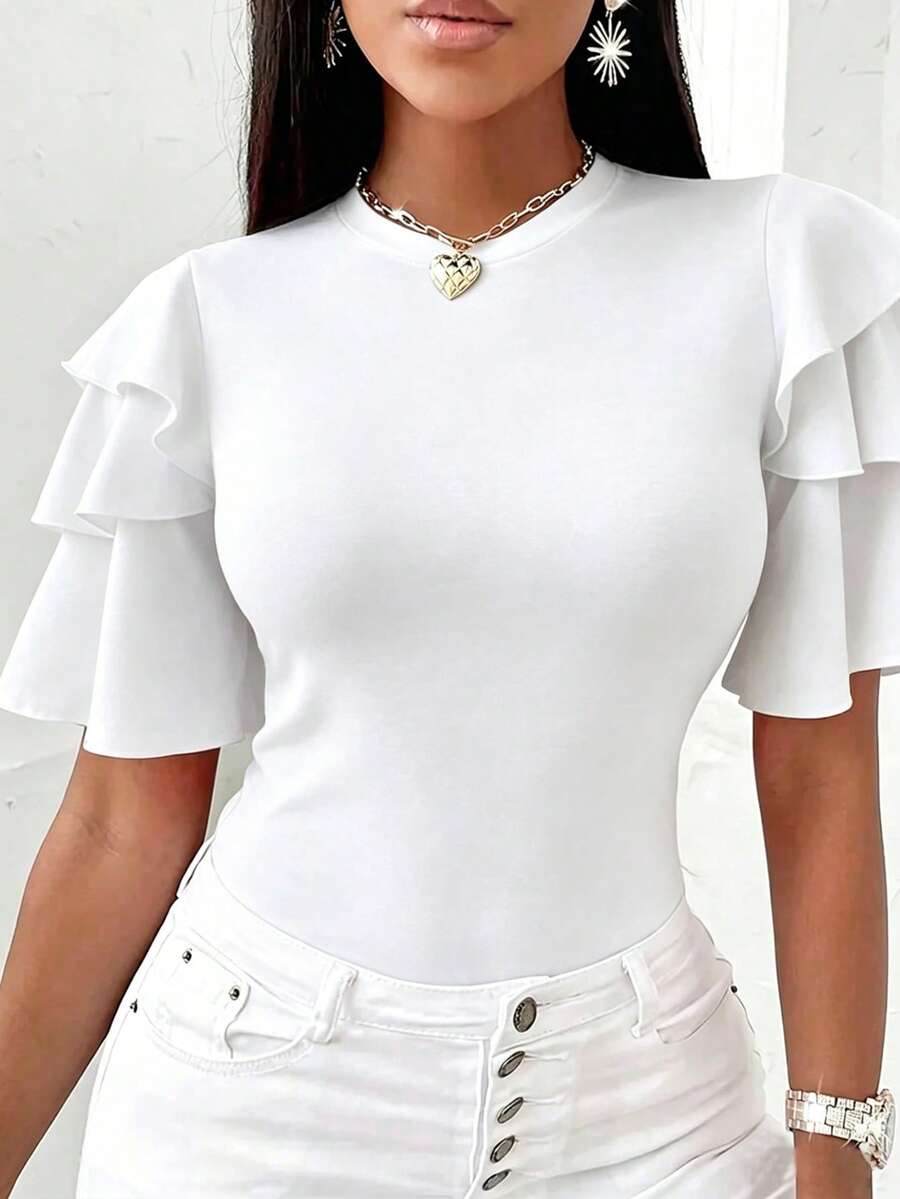 EMERY ROSE Plus Size Women's Solid Color Round Neck Ruffle Short Sleeve Casual T-Shirt - White - View 1