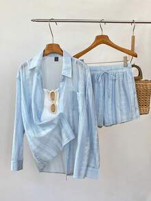 Elamini Women's Blue & White Print Long Sleeve Top And Shorts 2 Pieces Set - Blue - View 3