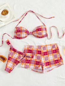 SHEIN Swim 新款復古格紋比基尼三件套，掛脖上衣與平口短褲，適用於春季/夏季 - 彩色 - 查看 6