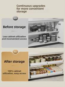 1pc Easily Sliding Steel Cabinet Storage Drawer - Expandable, Nano Adhesive Fixation, Space Saving, Adjustable, Durable, Easy Installation, Suitable For Kitchen And Living Room Food Storage Rack (With Sliding Rails), White - White - View 11