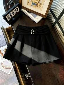 GlowEve CURVE Plus Size Women's Spring/Summer Collection, Made Of Soft And Comfortable Textured Fabric, Fashionable Versatile High Waist Slim Fit Tie Knot Metal Buckle, Suitable For Daily Commute, Summer Outfit, Beach Wear. Various Styles, Elegant Bottoms, Back To School Season Essential, Women's Casual Wear. Suitable For Multiple Occasions. - Black - View 1