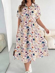 Shapeblank Plus Size Floral Print Dress, Suitable For Summer Holiday Holiday Vacation Beige Cottage Core - Multicolor - View 4