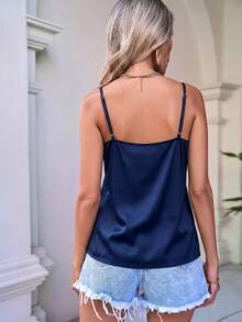 Easowa Summer Casual Solid Color Lace Patchwork Camisole,Summer Top - Navy Blue - View 7