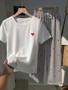 Comfortcana Bộ đồ nữ thường ngày 2 món, áo tay ngắn cổ tròn và quần kẻ sọc, bộ quần áo kẻ sọc thường ngày, trang phục thường ngày cho nữ. - Nhiều màu - Xem 5