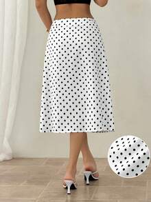 SHEIN PETITE Chân váy chữ A thanh lịch, đa năng, họa tiết chấm bi dành cho nữ. - Đen và trắng - Xem 4