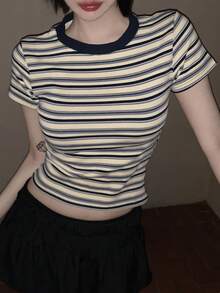 DAZY Colorblock Striped Short Sleeve Round Neck Casual Summer T-Shirt For Women Graphic Tee - Blue - View 6
