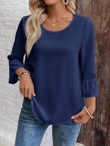 EMERY ROSE Women's Solid Color Round Neck Pleated Casual Versatile Daily Wear Blouse - Navy Blue - View 3