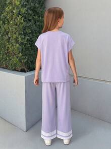 SHEIN 女童撞色圆领T恤和裤子休闲套装 - 紫色 - 查看 2