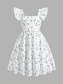 SHEIN 少女度假休闲时尚梭织印花吊带连衣裙 - 藍白色 - 查看 3