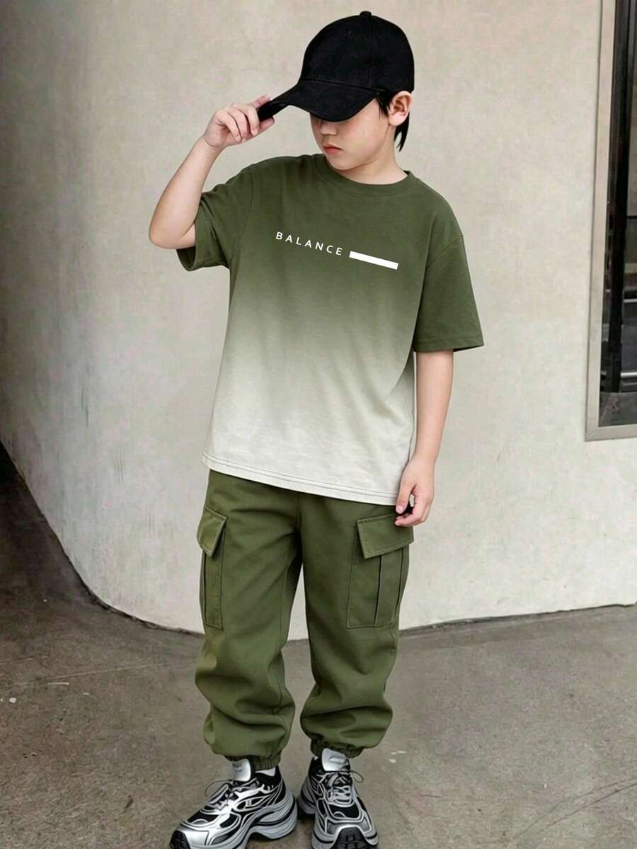 SHEIN Vacaura Tween Boys Gradient Color English Text Printed Round Neck T-Shirt & Cargo Pants Set,Army Green,Summer,Casual,School,Back-To-School Fashion Outfit - Multicolor - View 1