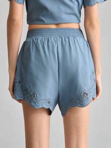 Ontre 2026 Women's Dusty Blue Summer Hollow Out Embroidery Loose Fit Shorts Elegant Romantic Elastic Waist Casual Chic Vacation Minimalist Solid Urban - Blue - View 6