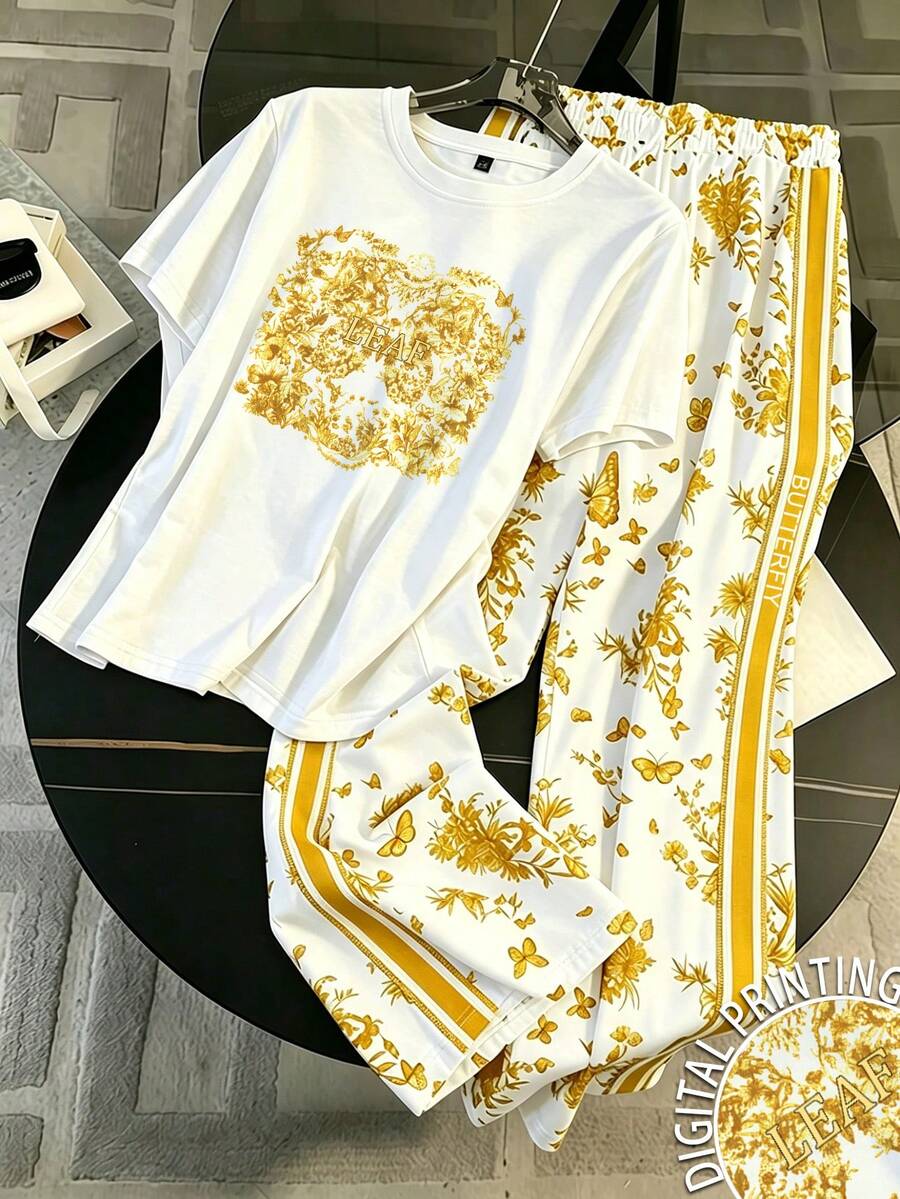 Resyla 两件套女士夏季休闲花卉蝴蝶印花T恤和裤子套装 - 彩色 - 查看 1