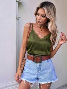 Easowa Atasan Wanita Model Camisole dengan Renda Kontras Warna Polos, Atasan Musim Panas - Olive Green - View 8