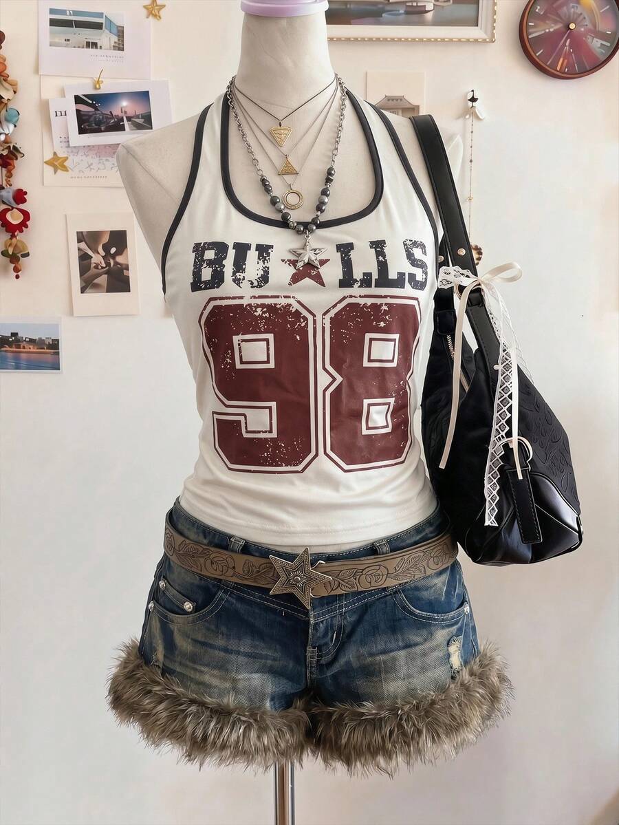 SHEIN EZwear 女款白色夏季街頭風 Y2K 城市度假運動數位印花細肩帶背心，修身街頭風，度假音樂節海島時尚上衣 - 彩色 - 查看 1