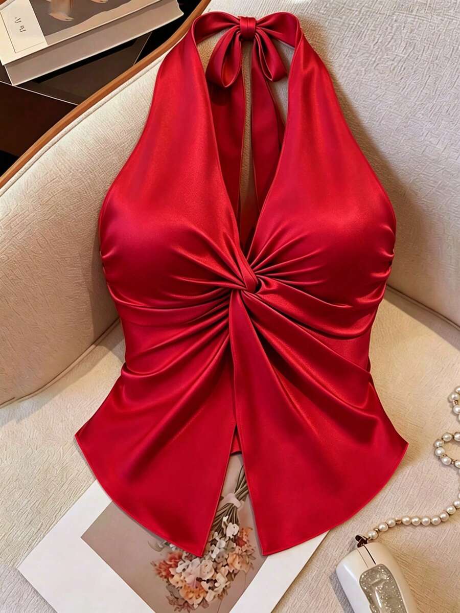 Qadelle Áo hai dây dệt kim co giãn, kiểu cổ yếm, vạt bất đối xứng, xẻ tà, thích hợp cho mùa xuân/hè, phù hợp cho tiệc tùng, hẹn hò, ăn tối, mùa cưới, lễ hội, mặc thường ngày, đi làm, đi nghỉ mát. - Đỏ - Xem 1