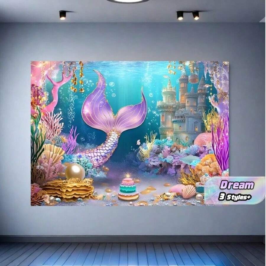 1PC Mermaid Tail-Designed Birthday Party Background Banner, Available In Multiple Sizes, Suitable For Birthday Parties, Photography Prop Backgrounds, Indoor/Outdoor Use, Home Decoration, And Cake Table Decoration. Made Of Polyester. - multicolor - View 1