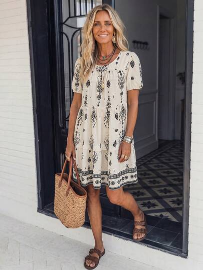 LanaWest Women's All-Over Print Pleated Casual Party Mini Dress