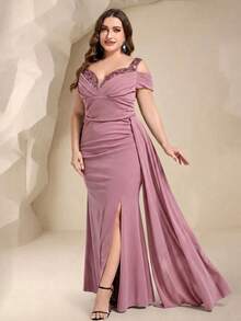 Coutiva Plus Size Solid Color Sequin Patchwork High Slit Formal Evening Gown - Pink - View 3