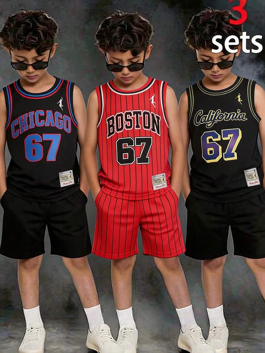 SHEIN Bộ 3 món cho bé trai tuổi teen, áo tank top không tay kiểu dáng tối giản, thích hợp cho mùa hè. - Nhiều màu - Xem 1
