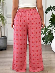 SHEIN EZwear 大码女式休闲格子印花抽绳腰带口袋长裤 - 紅色 - 查看 2