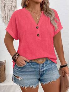 EMERY ROSE New Arrival Plus Size Women Casual Versatile Bubble Fabric V-Neck Short Sleeve T-Shirt - Red - View 5